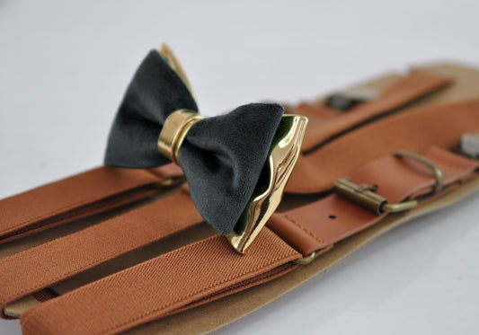 Black Velvet and Gold Leather Bow tie + Tan Brown Elastic Leather Suspenders Braces Men / Youth / Boys Kids / Baby Infant Toddler