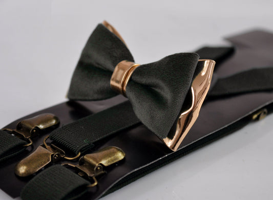Black Velvet and ROSE Gold Leather Bow tie + Black Elastic Suspenders Braces Men / Youth / Boys Kids / Baby Infant Toddler