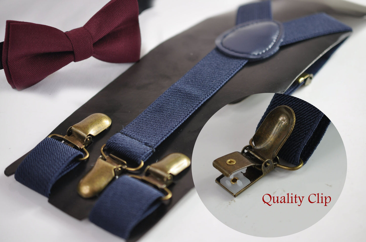 Burgundy Wine Red Cotton Bow tie Bowtie + Navy Blue Elastic Suspenders Braces for Men / Youth Teenage/ Boys Kids / Baby Infant Toddler
