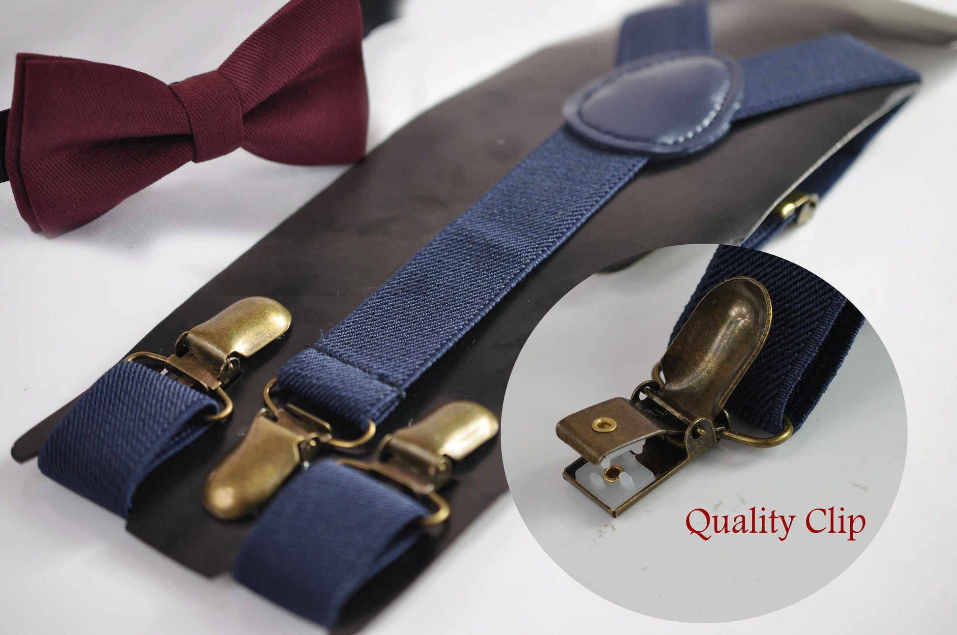 Burgundy Wine Red Cotton Bow tie Bowtie + Navy Blue Elastic Suspenders Braces for Men / Youth Teenage/ Boys Kids / Baby Infant Toddler