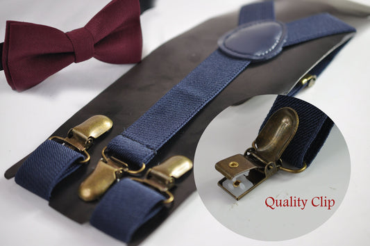 Burgundy Wine Red Cotton Bow tie Bowtie + Navy Blue Elastic Suspenders Braces for Men / Youth Teenage/ Boys Kids / Baby Infant Toddler