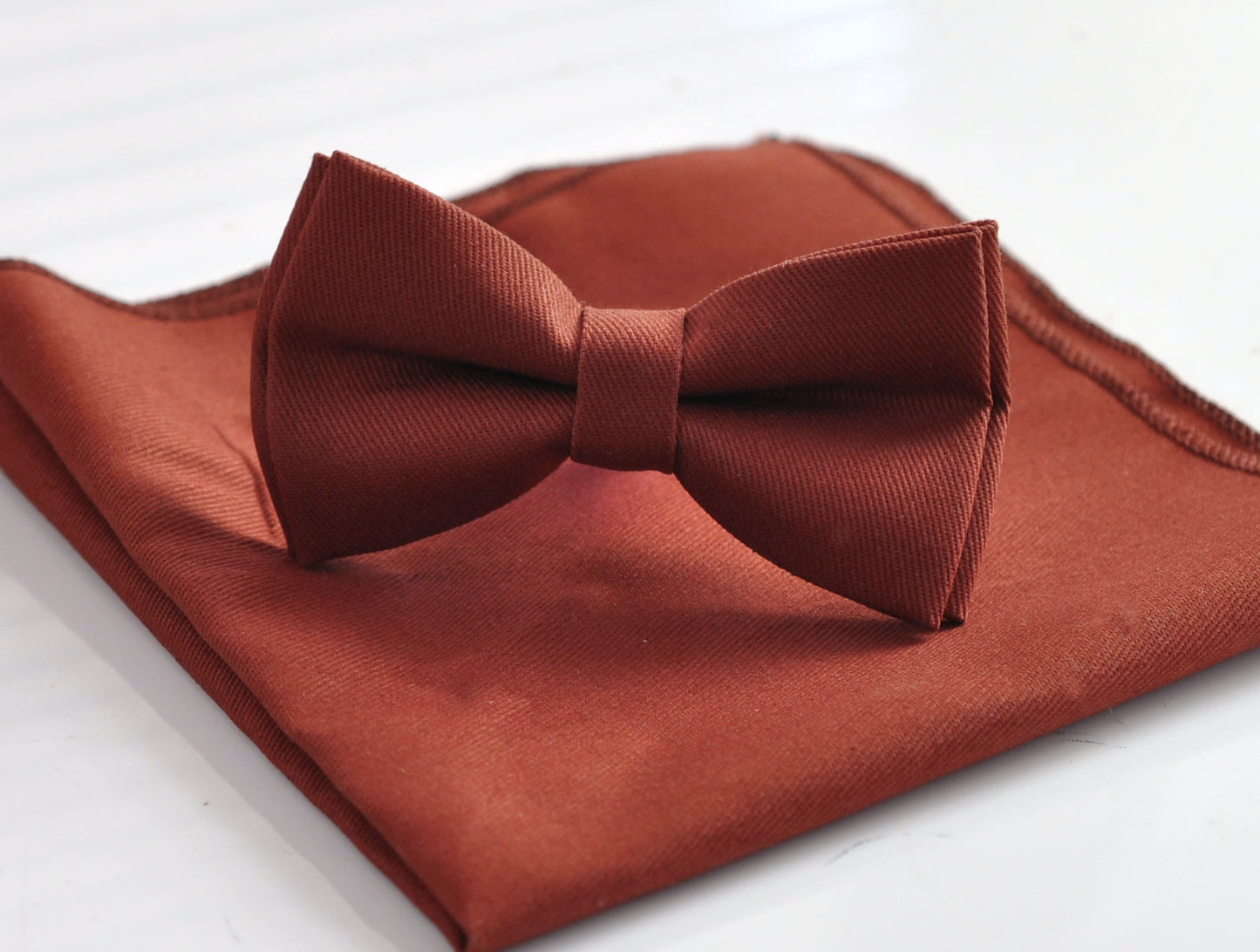 Cinnamon Terracotta Red Brown COTTON Bow tie Bowtie + pocket Square Hanky Handkerchief Wedding for Men / Youth / Boys Kids / Baby Infant