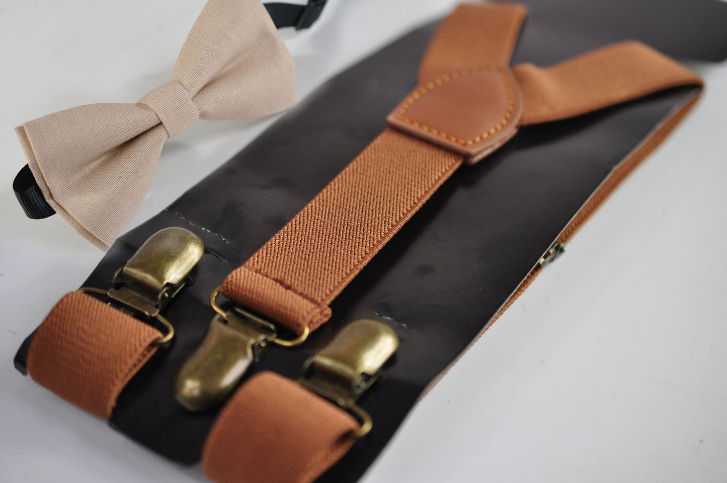 Begie Sand Pale Brown Cotton Bow tie Bowtie + Tan Brown Elastic Suspenders Braces for Men / Youth Teenage/ Boys Kids / Baby Infant Toddler
