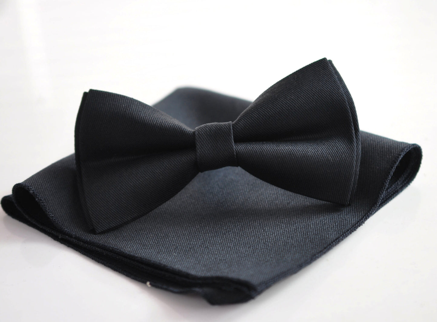 Black Cotton Handmade Bow Tie Bowtie matched pocket Square Hanky Handkerchief For Men / Youth / Boy Kids / Baby toddler