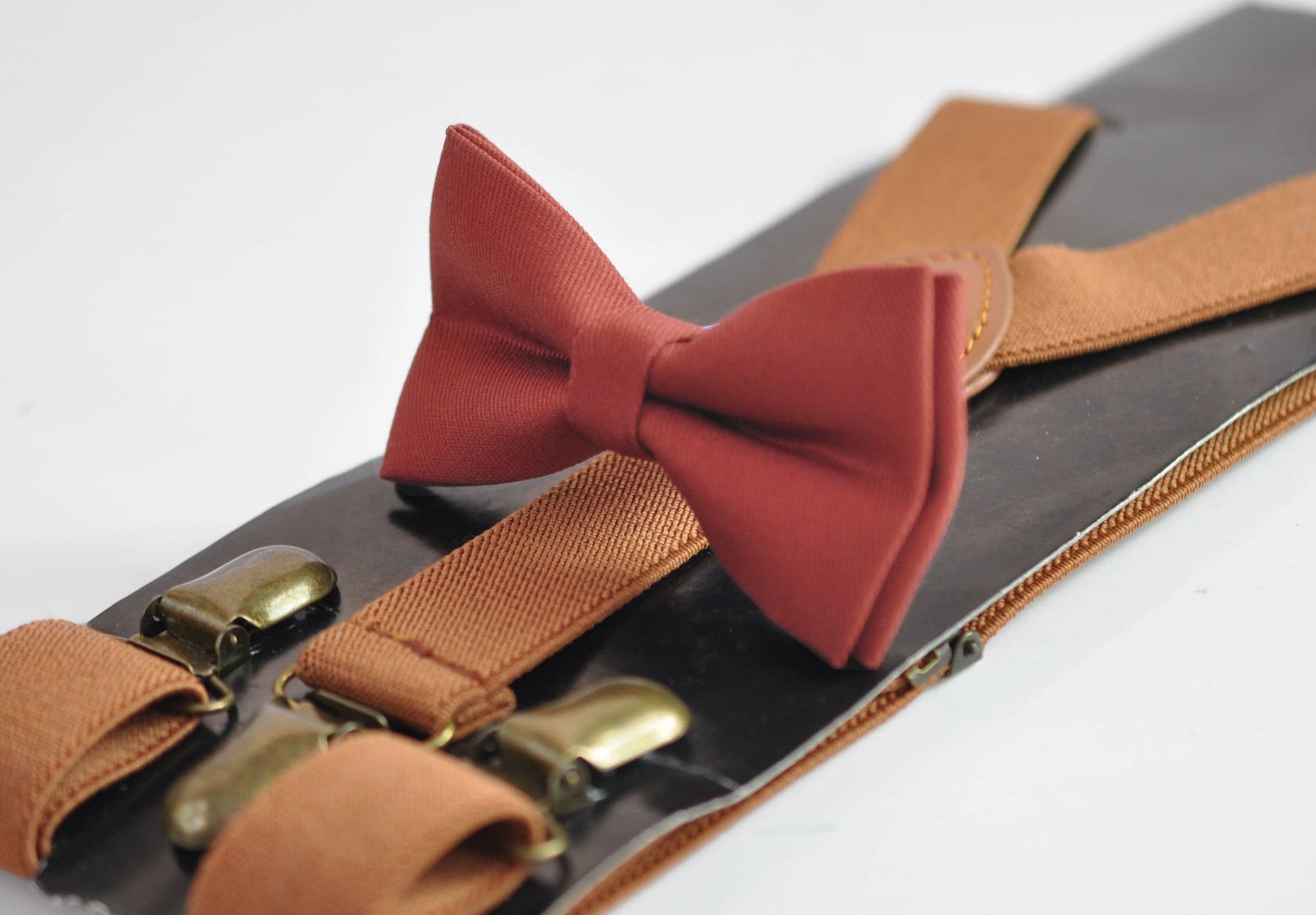 Cinnamon Terracotta Red Brown Cotton Bow tie Bowtie + Tan Elastic Suspenders Braces for Men / Youth Teenage/ Boys Kids / Baby Infant Toddler