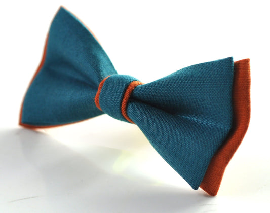 Turquoise Teal Blue and Burnt Orange Linen Cotton Pre tied Bow tie Bowtie for Men Adult / Youth Teenage / Boy Kids / Baby Infant