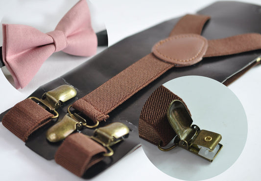 DUSTY Blush Rose Pink Cotton Bow tie Bowtie + Brown Elastic Suspenders Braces for Men / Youth Teenage/ Boys Kids / Baby Infant Toddler