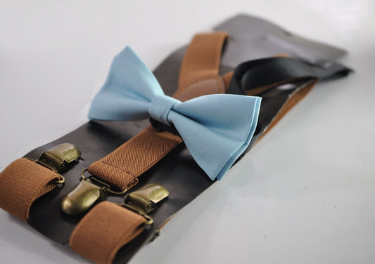 Pale Blue Light Blue Cotton Bow tie Bowtie + Tan Brown Elastic Suspenders Braces for Men / Youth Teenage/ Boys Kids / Baby Infant Toddler