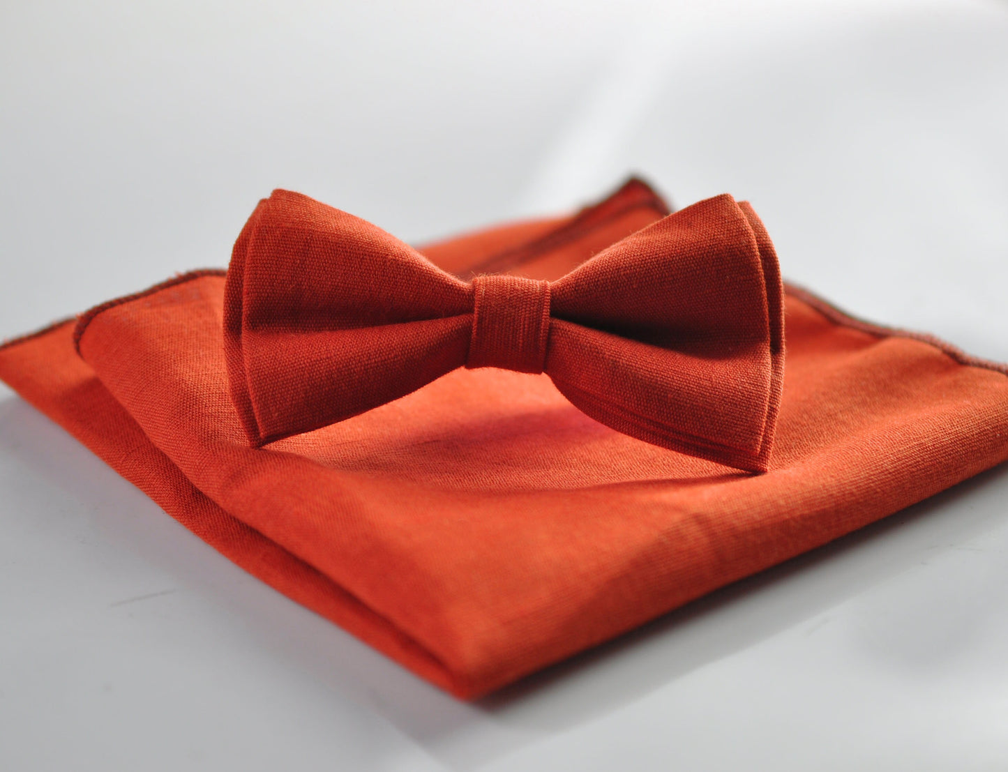 Burnt Orange Linen Bow tie Bowtie + matched pocket Square Hanky Handkerchief Wedding for Men / Youth / Boys Kids / Baby Infant