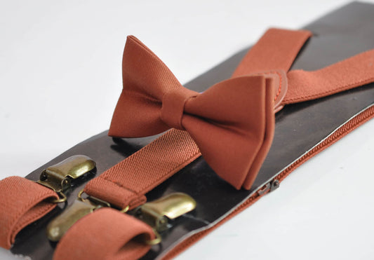 Rust Rusty Redish Brown Cotton Bow tie Bowtie + matched Elastic Suspenders Braces for Men / Youth Teenage/ Boys Kids / Baby Infant Toddler