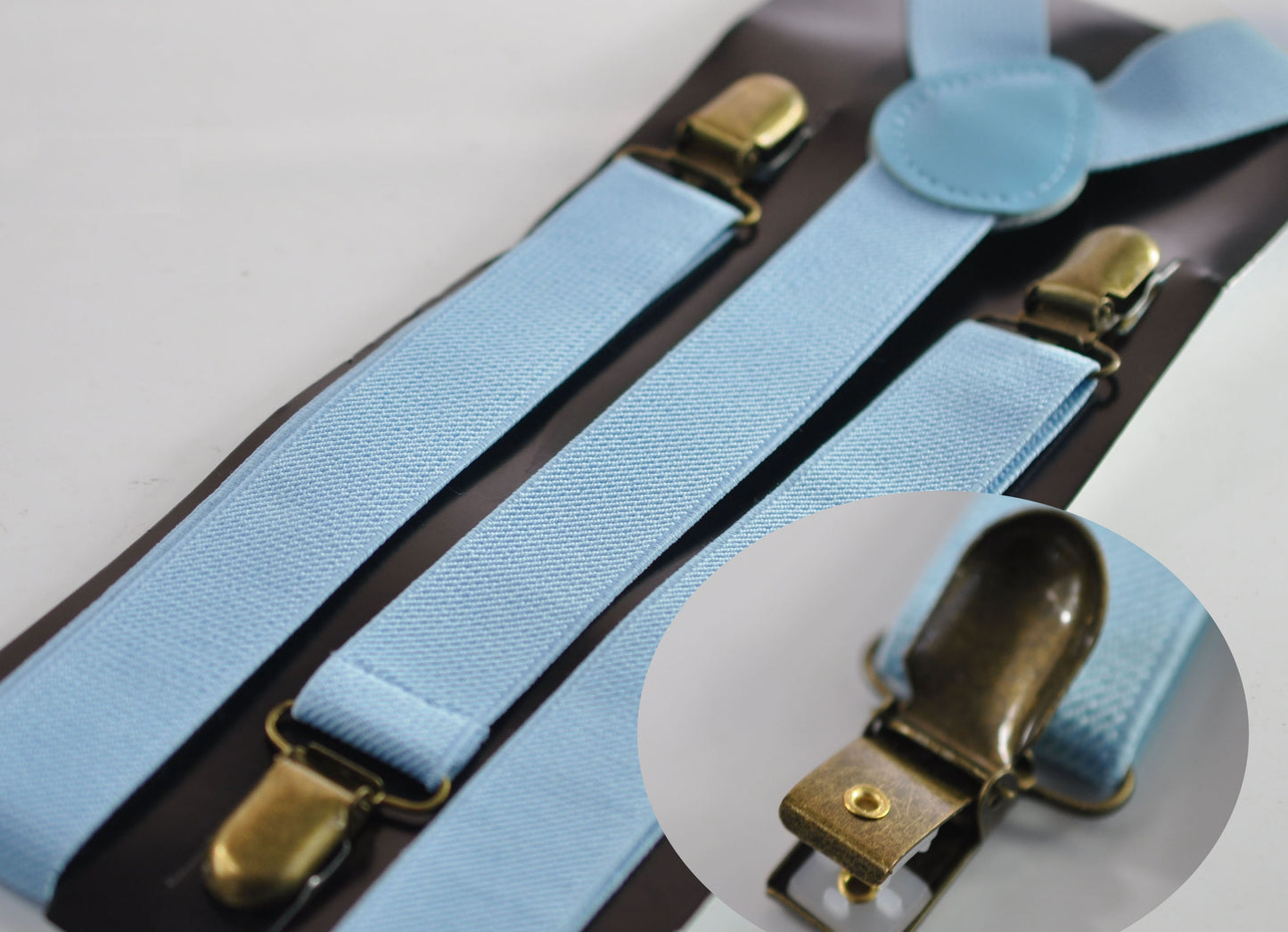 Pale Blue Light Blue 25MM Elastic Y-Back Suspenders Braces Bronze Metal Clips for Men Adult / Youth Teenage / Kids Boy /Toddler Baby Infant