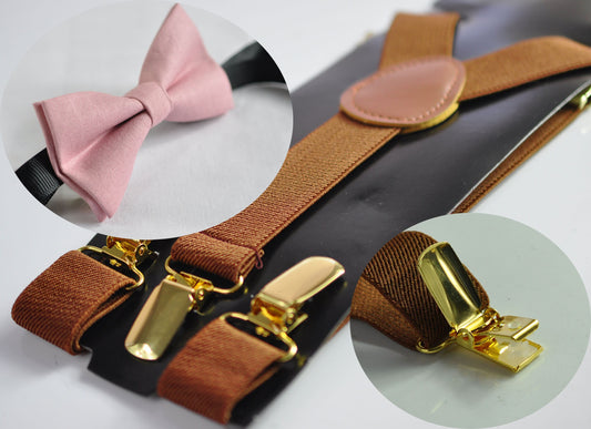 DUSTY Blush Rose Pink Cotton Bow tie Bowtie + Toffee Elastic Suspenders Braces for Men / Youth Teenage/ Boys Kids / Baby Infant Toddler