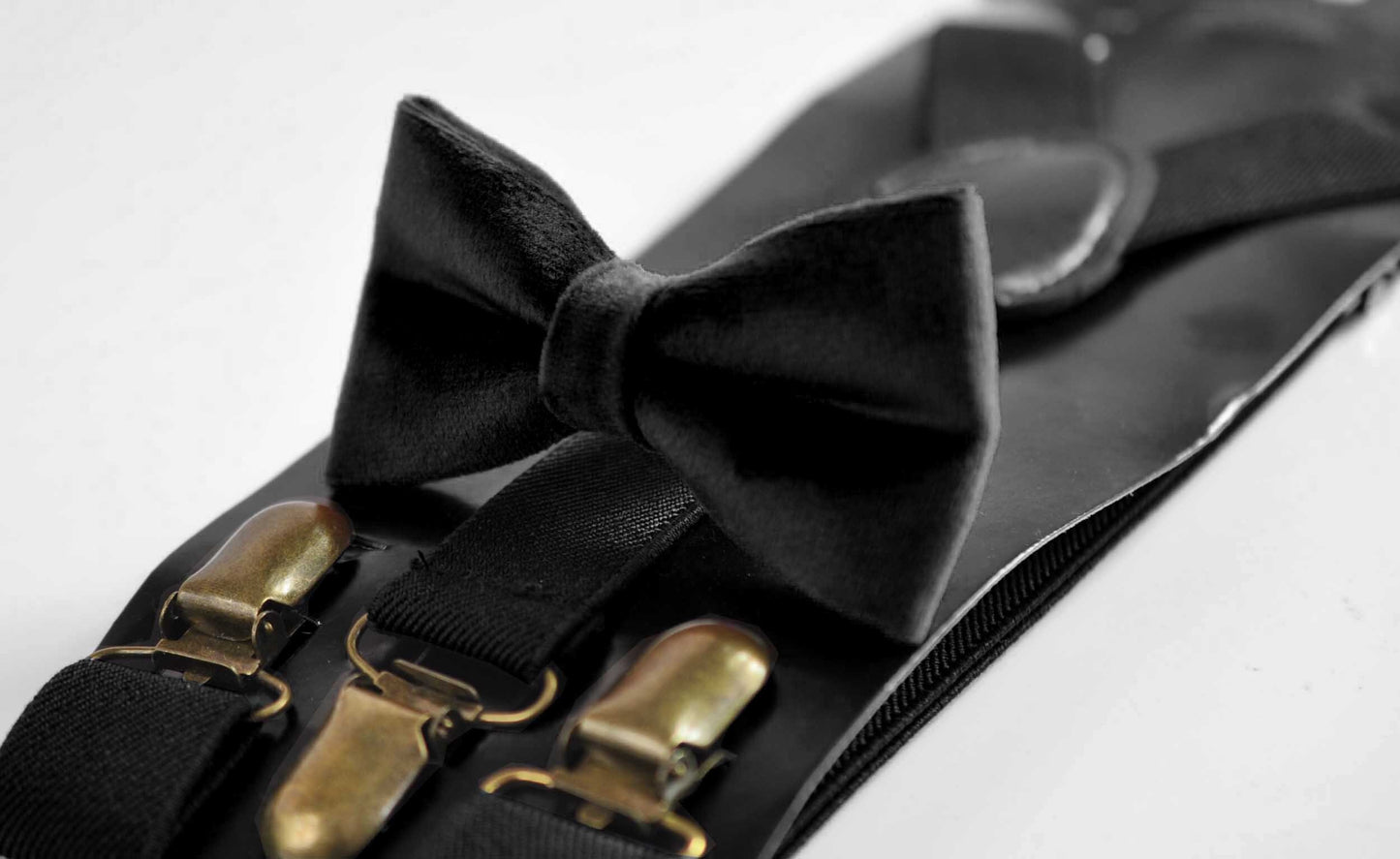 Black Velvet Bow tie + Black Elastic Suspenders Braces for Men / Youth / Boys Kids / Baby Infant Toddler