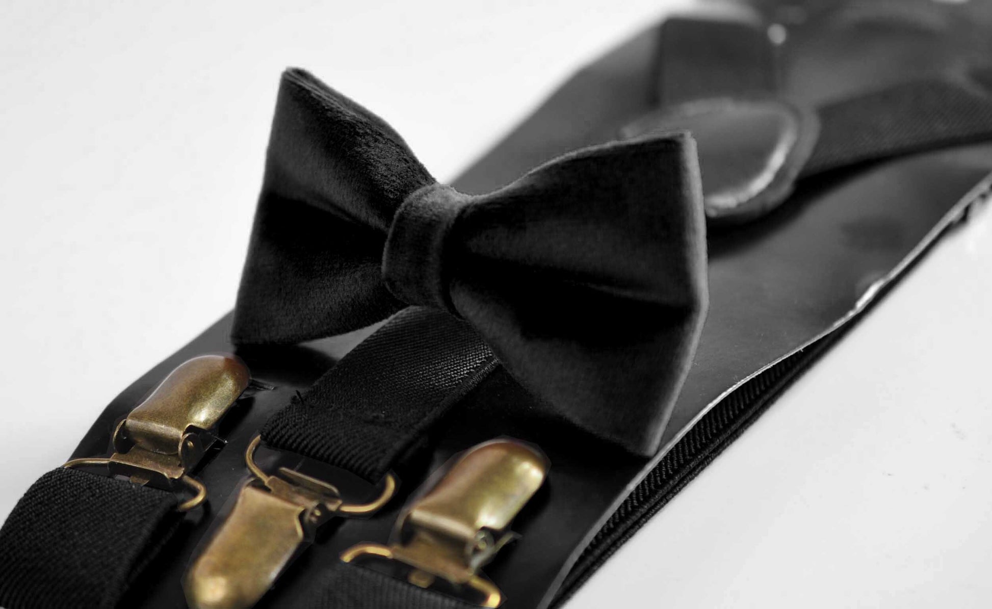 Black Velvet Bow tie + Black Elastic Suspenders Braces for Men / Youth / Boys Kids / Baby Infant Toddler