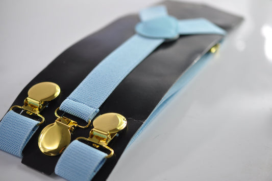 Pale Blue Light Blue 25MM Elastic Y-Back Suspenders Braces Round Gold Golden Metal Clip Men / Youth / Kids Boy /Toddler Baby Infant