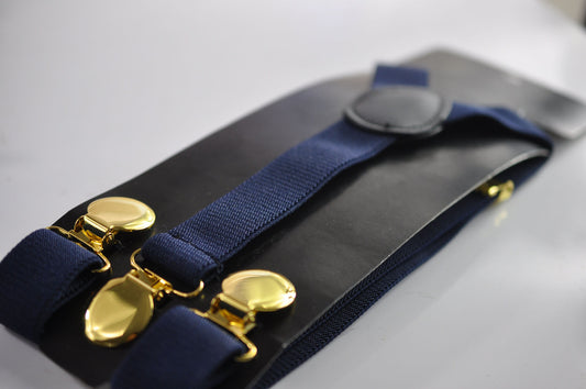 Navy Blue 25MM Elastic Y-Back Suspenders Braces Round Gold Golden Metal Clips for Men Adult / Youth / Kids Boy /Toddler Baby Infant