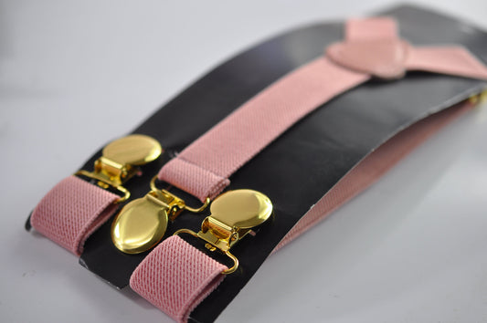 Dusky Dusty Blush Pink 25MM Elastic Y-Back Suspenders Braces Round Gold Golden Metal Clip Men Adult / Youth / Kids Boy /Toddler Baby Infant