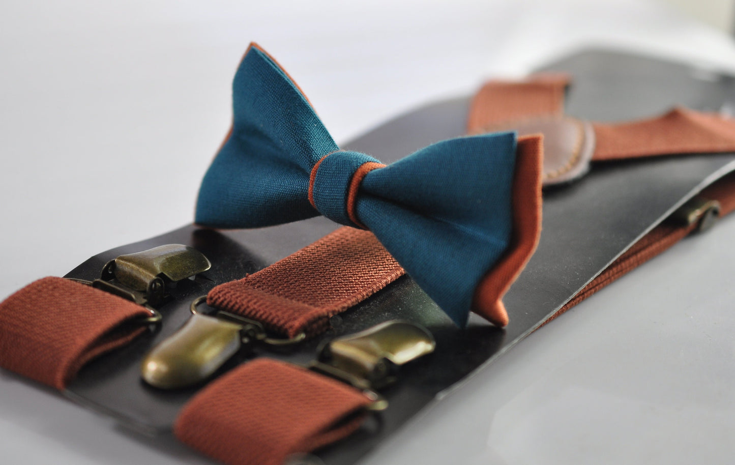 Turquoise Teal Blue and Burnt Orange Linen Bow tie Bowtie + RUST Suspenders Braces for Men / Youth Teenage/ Boys Kids / Baby Infant Toddler