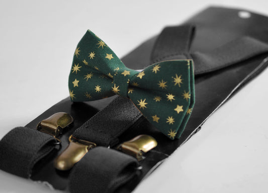 Xmas Christmas Gold Snowflake Stars Green Bow tie + BLACK Elastic Suspenders Braces for Men / Youth/ Boys Kids / Baby Infant Toddler