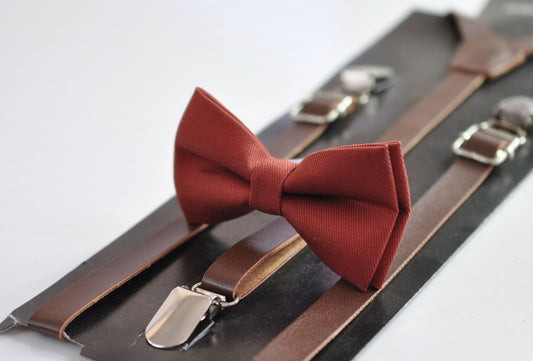 Cinnamon Terracotta Red Brown Bow tie + Brown Faux Leather Suspenders for Baby infant toddler / Kids Boy / Youth Teenage