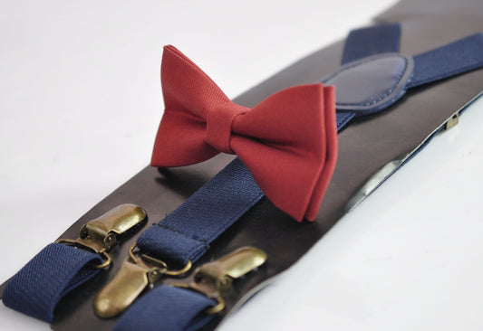 Rust Rusty Redish Brown Cotton Bow tie Bowtie + Navy Blue Elastic Suspenders Braces for Men / Youth Teenage/ Boys Kids / Baby Infant Toddler