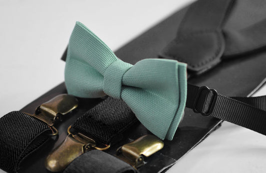 Sage Green Cotton Bow tie Bowtie + BLACK Elastic Suspenders Braces for Men / Youth Teenage/ Boys Kids / Baby Infant Toddler