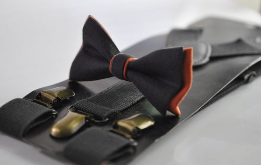 Black and Burnt Orange Linen Bow tie Bowtie + BLACK Suspenders Braces for Men / Youth Teenage/ Boys Kids / Baby Infant Toddler