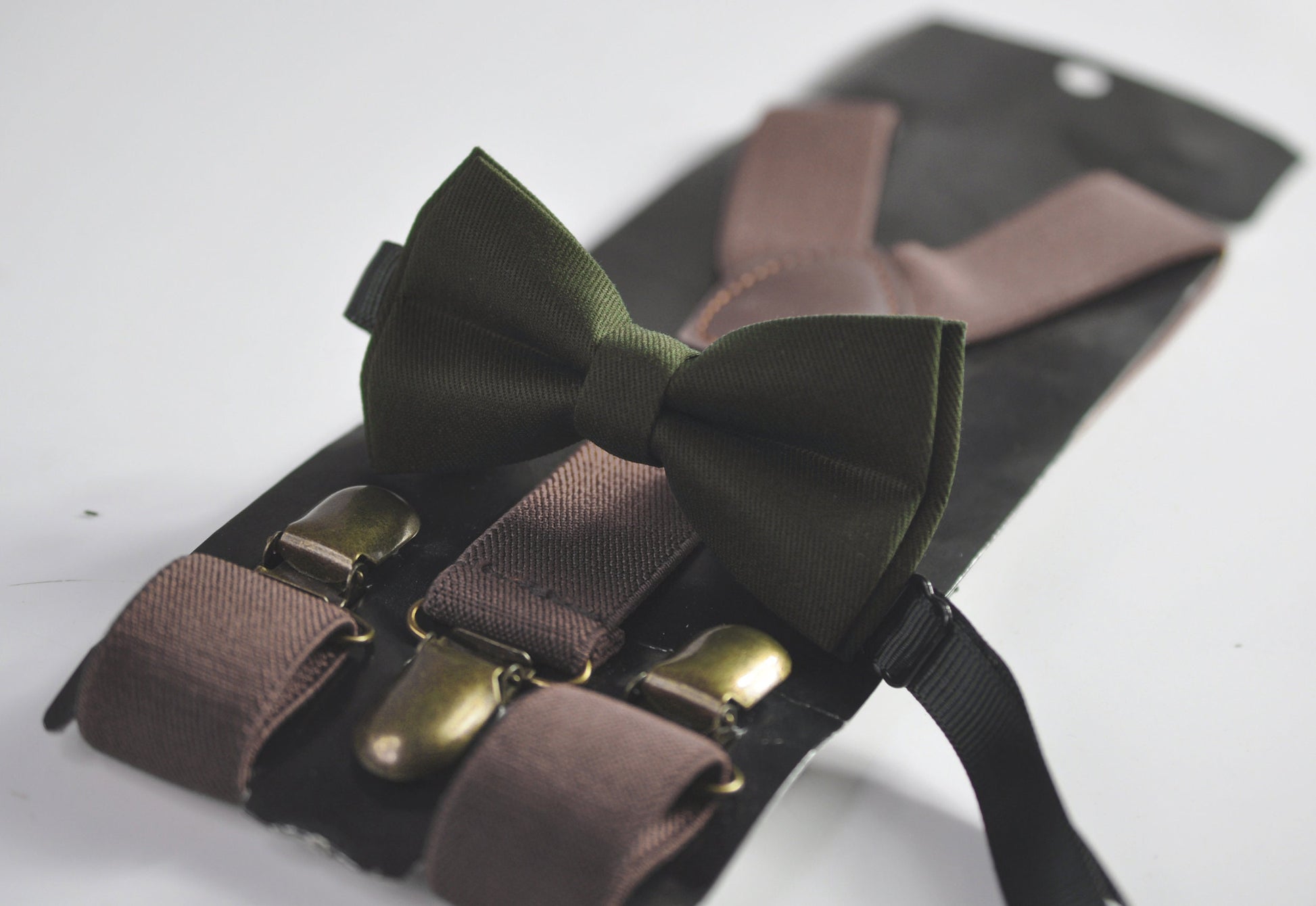 Olive Green Army Green Cotton Bow tie + Dark Brown Coffee Chocolate Suspenders Braces for Men / Youth / Boys Kids / Baby Infant Toddler