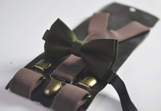 Olive Green Army Green Cotton Bow tie + Dark Brown Coffee Chocolate Suspenders Braces for Men / Youth / Boys Kids / Baby Infant Toddler