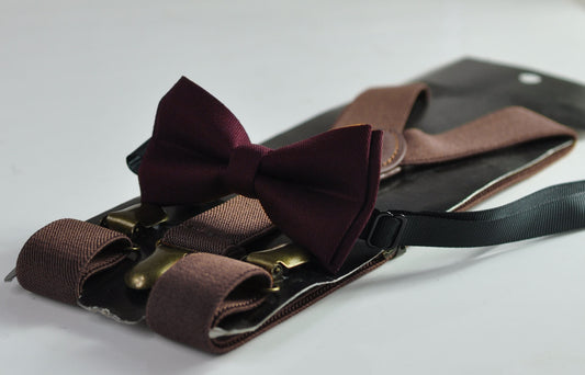 Burgundy Wine Dark Red Cotton Bow tie + Dark Brown Coffee Chocolate Suspenders Braces for Men / Youth / Boys Kids / Baby Infant Toddler