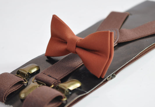 Rust Rusty Redish Brown Cotton Bow tie Bowtie + Dark Brown Coffee Elastic Suspenders Braces Men / Youth / Boys Kids / Baby Infant Toddler