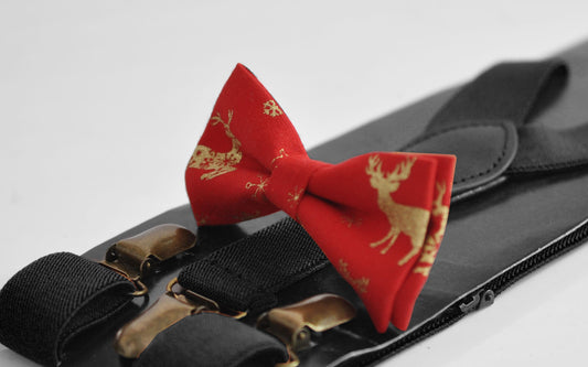 Xmas Christmas Elk Deer Red Cotton Bow tie + Tan Brown Elastic Suspenders Braces for Men / Youth Teenage/ Boys Kids / Baby Infant Toddler