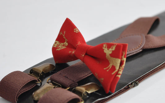 Xmas Christmas Elk Deer Red Cotton Bow tie + DarK Brown Coffee Elastic Suspenders Braces for Men / Youth / Boys Kids / Baby Infant Toddler