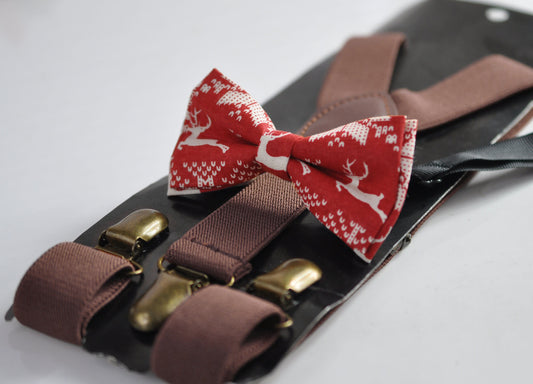 Xmas Christmas Elk Deer Red Bow tie + Dark Coffee Brown Chocolate Suspenders Braces for Men / Youth Teenage/ Boys Kids / Baby Infant Toddler