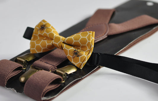 Yellow Honeycomb Honey Comb Bees Bow tie + Dark Brown Coffee Chocolate Suspenders Braces for Men / Youth / Boys Kids / Baby Infant Toddler