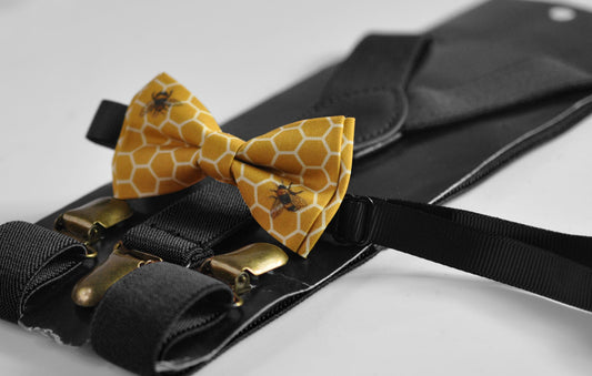 Yellow Honeycomb Honey Comb Bees Bow tie + Black Elastic Suspenders Braces for Men / Youth Teenage / Boys Kids / Baby Infant Toddler