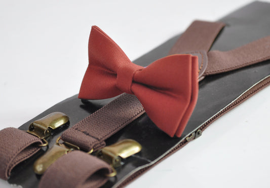 Cinnamon Terracotta Red Brown Bow tie Bowtie + Dark Brown Coffee Chocolate Suspenders Braces for Men /Youth/ Boys Kids / Baby Infant Toddler
