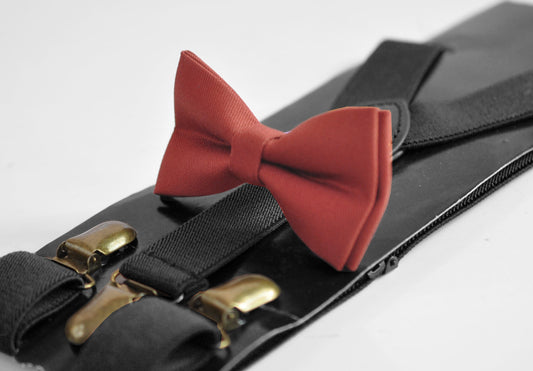Cinnamon Terracotta Red Brown Cotton Bow tie Bowtie + Black Elastic Suspenders Braces for Men /Youth/ Boys Kids / Baby Infant Toddler