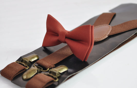 Cinnamon Terracotta Red Brown Cotton Bow tie Bowtie + Brown Elastic Suspenders Braces for Men / Youth / Boys Kids / Baby Infant Toddler