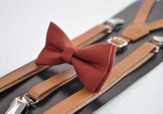 Cinnamon Terracotta Red Brown Pretied Cotton Bow tie + Tan Faux Leather Suspenders for Baby infant toddler / Kids Boy / Youth Teenage