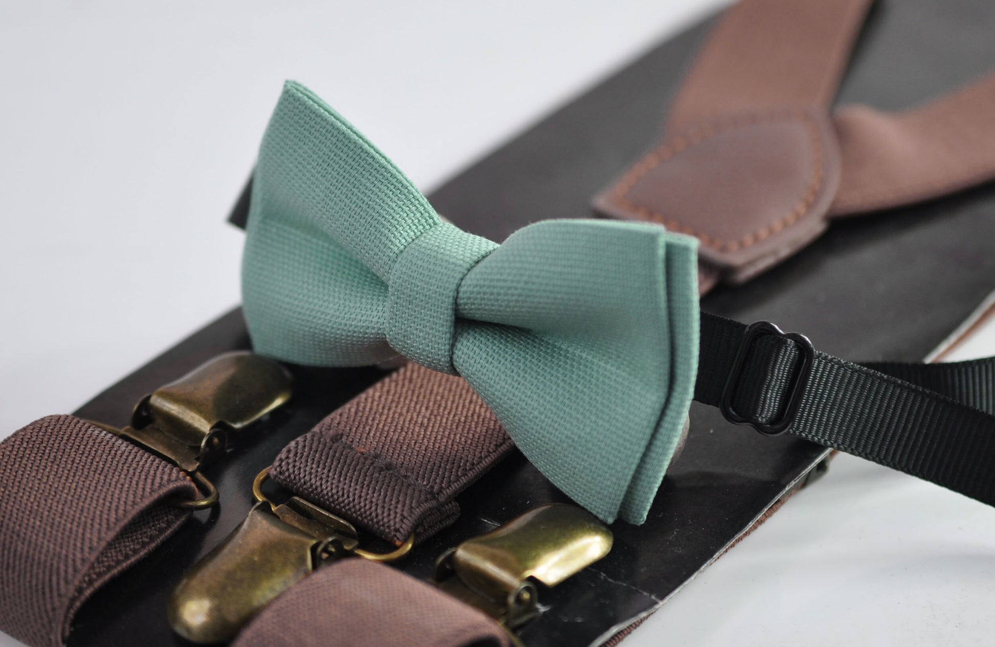 Sage Green Cotton Bow tie Bowtie + Dark Brown Coffee Chocolate Suspenders Braces for Men / Youth Teenage/ Boys Kids / Baby Infant Toddler
