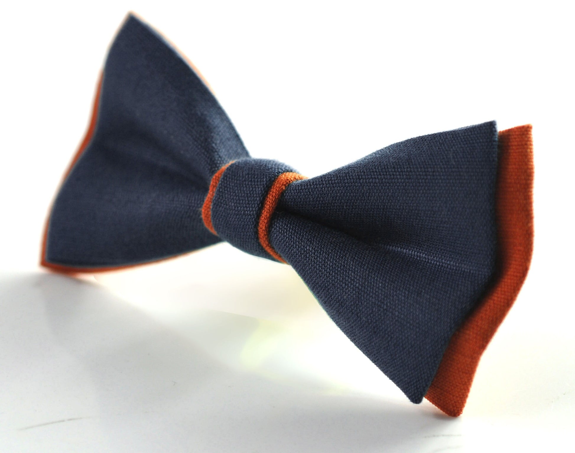 Dark Navy Blue and Burnt Orange Linen Bow tie Bowtie + RUST Terracotta Suspenders Braces for Men / Youth/ Boys Kids / Baby Infant Toddler
