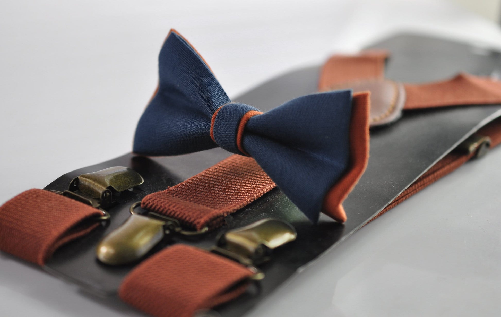 Dark Navy Blue and Burnt Orange Linen Bow tie Bowtie + RUST Terracotta Suspenders Braces for Men / Youth/ Boys Kids / Baby Infant Toddler