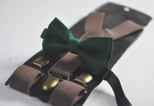 Dark Emerald Green Hunter Green Bow tie + Dark Brown Coffee Chocolate Suspenders Braces for Men / Youth / Boys Kids / Baby Infant Toddler