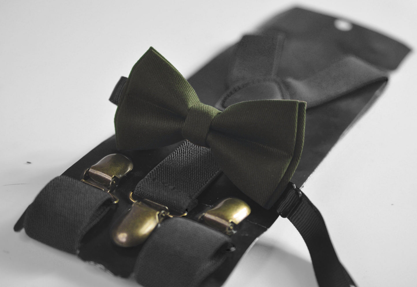 Olive Green Army Green Cotton Bow tie + Black Elastic Suspenders Braces for Men / Youth Teenage / Boys Kids / Baby Infant Toddler
