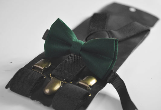 Dark Emerald Green Hunter Green Bow tie + BLACK Elastic Suspenders Braces for Men / Youth / Boys Kids / Baby Infant Toddler