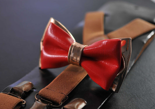 Bright Red Rose Gold Faux Leather Bow tie + Tan Brown Elastic Suspenders Braces for Baby Infant / Boy Kids / Youth Teenage / Men