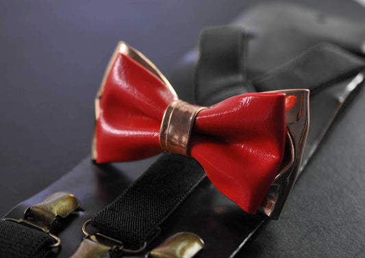 Bright Red Rose Gold Faux Leather Bow tie + Black Elastic Suspenders Braces for Baby Infant / Boy Kids / Youth Teenage / Men