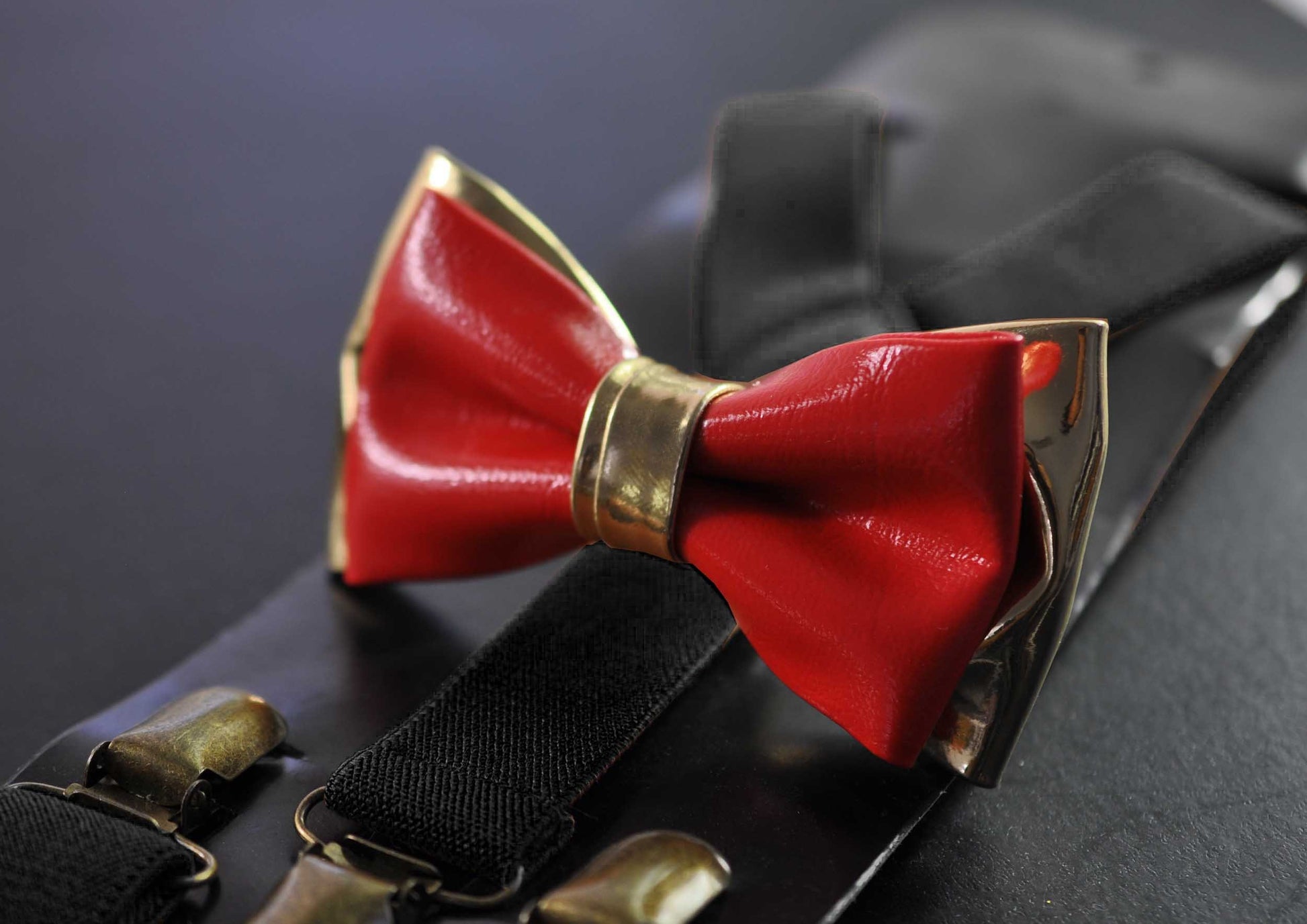 Bright Red Gold Faux Leather Bow tie + BLACK Elastic Suspenders Braces for Baby Infant / Boy Kids / Youth Teenage / Men