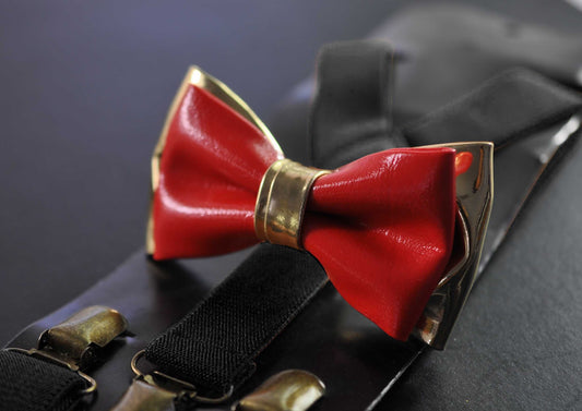 Bright Red Gold Faux Leather Bow tie + BLACK Elastic Suspenders Braces for Baby Infant / Boy Kids / Youth Teenage / Men